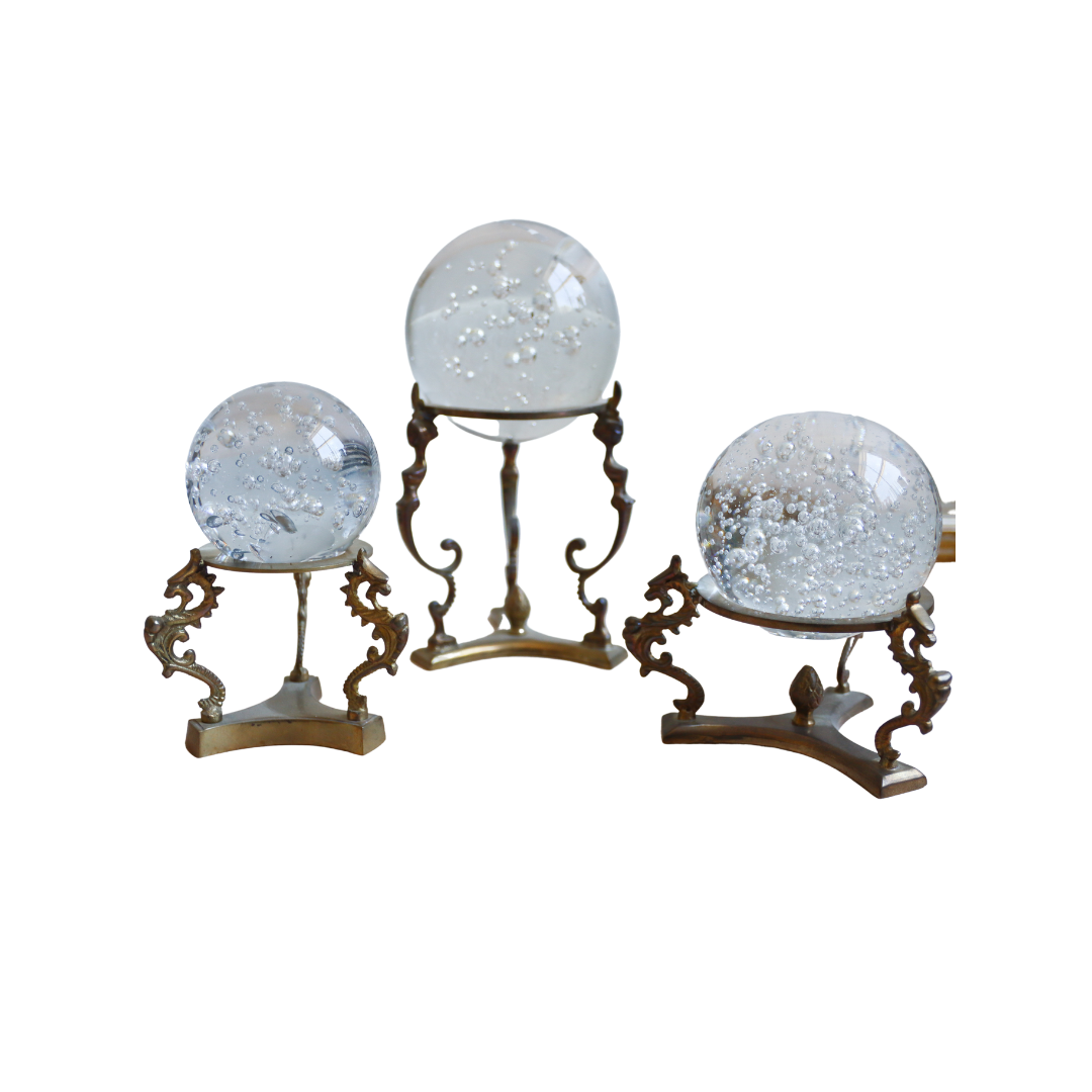 Bubbled Crystal Ball on Brass Stand, Large