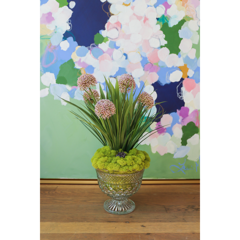 Lavender Alliums in Pedestal Crystal Bowl