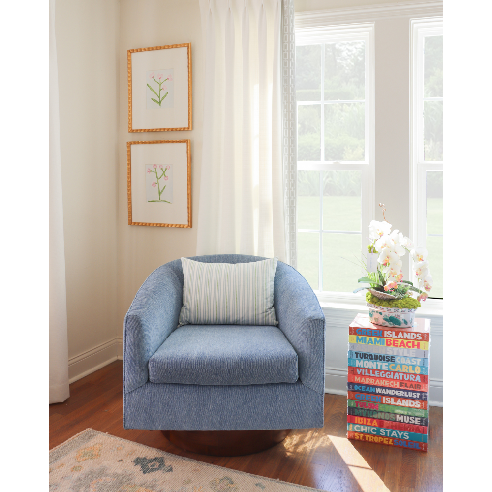 Eloise Swivel Chair in Blue Chevron