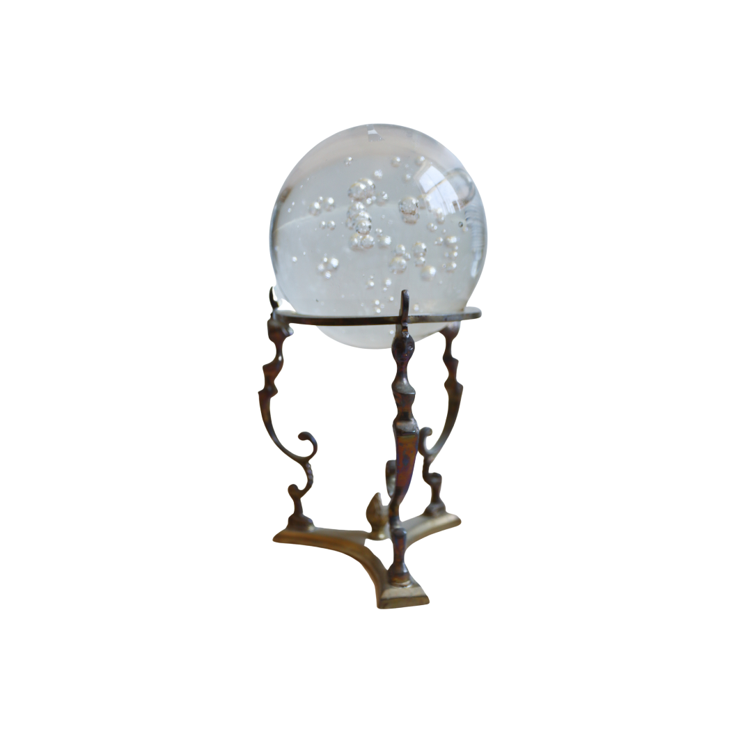 Bubbled Crystal Ball on Brass Stand, Small