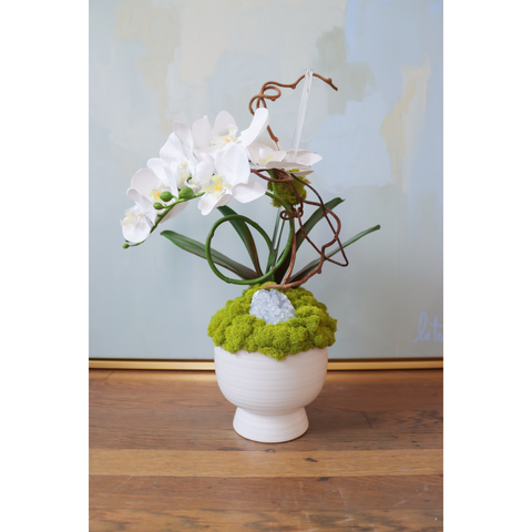 White Orchid with Crystal in Pedestal Pot