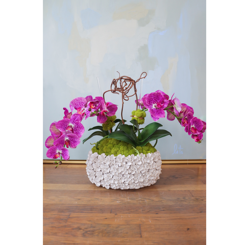 Purple Tiger Orchids in Dimensional Floral Boat