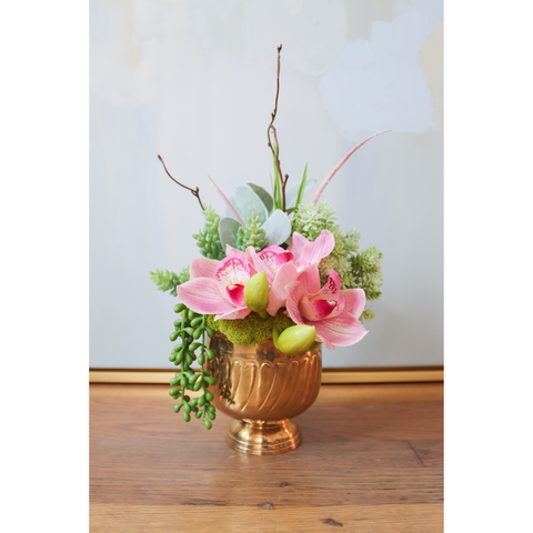 Pink Orchids & Succulent in Brass Floral Pot