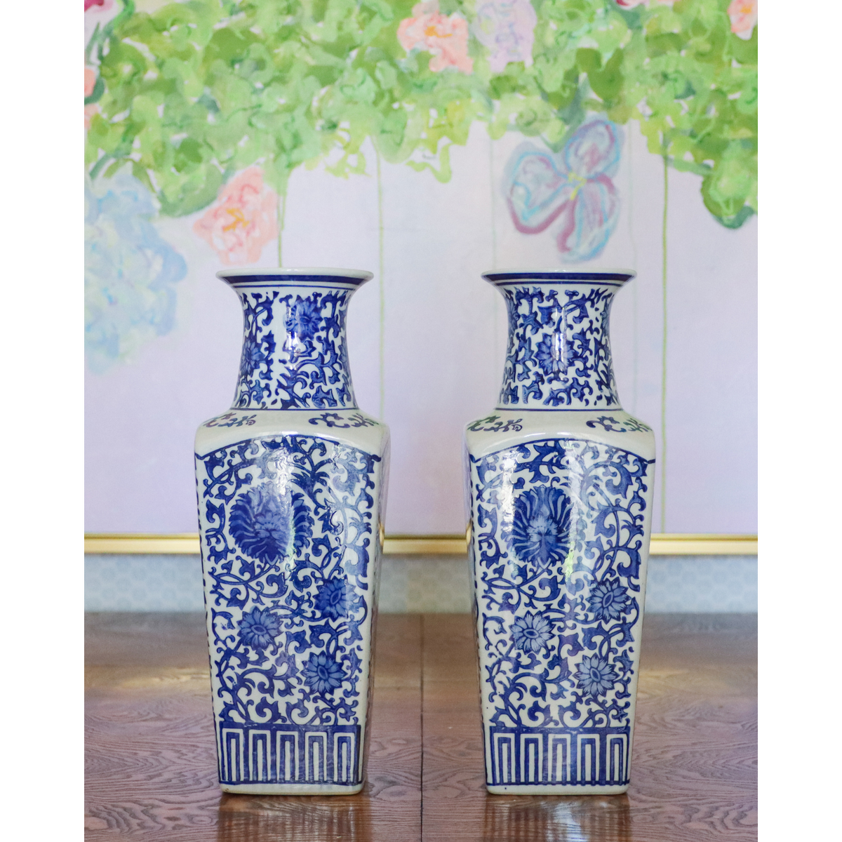 Peony Scroll Blue & White Vases, Pair