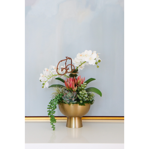 White Orchids & Succulents in Brass Pedestal Pot