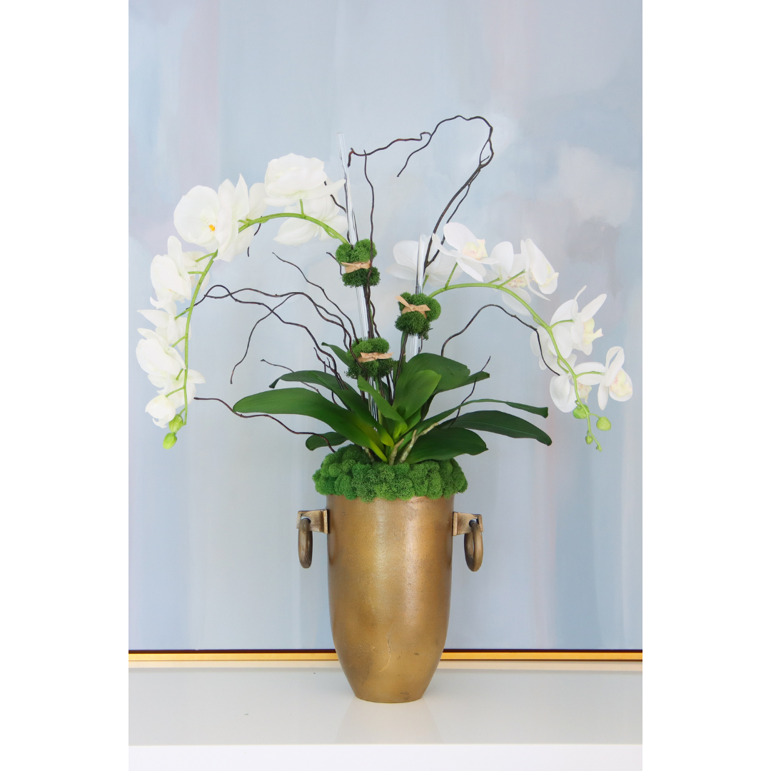 White Orchids in Brass Vessel