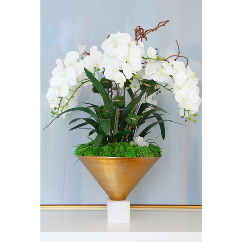 White Orchids in Mid-Mod Fishbowl